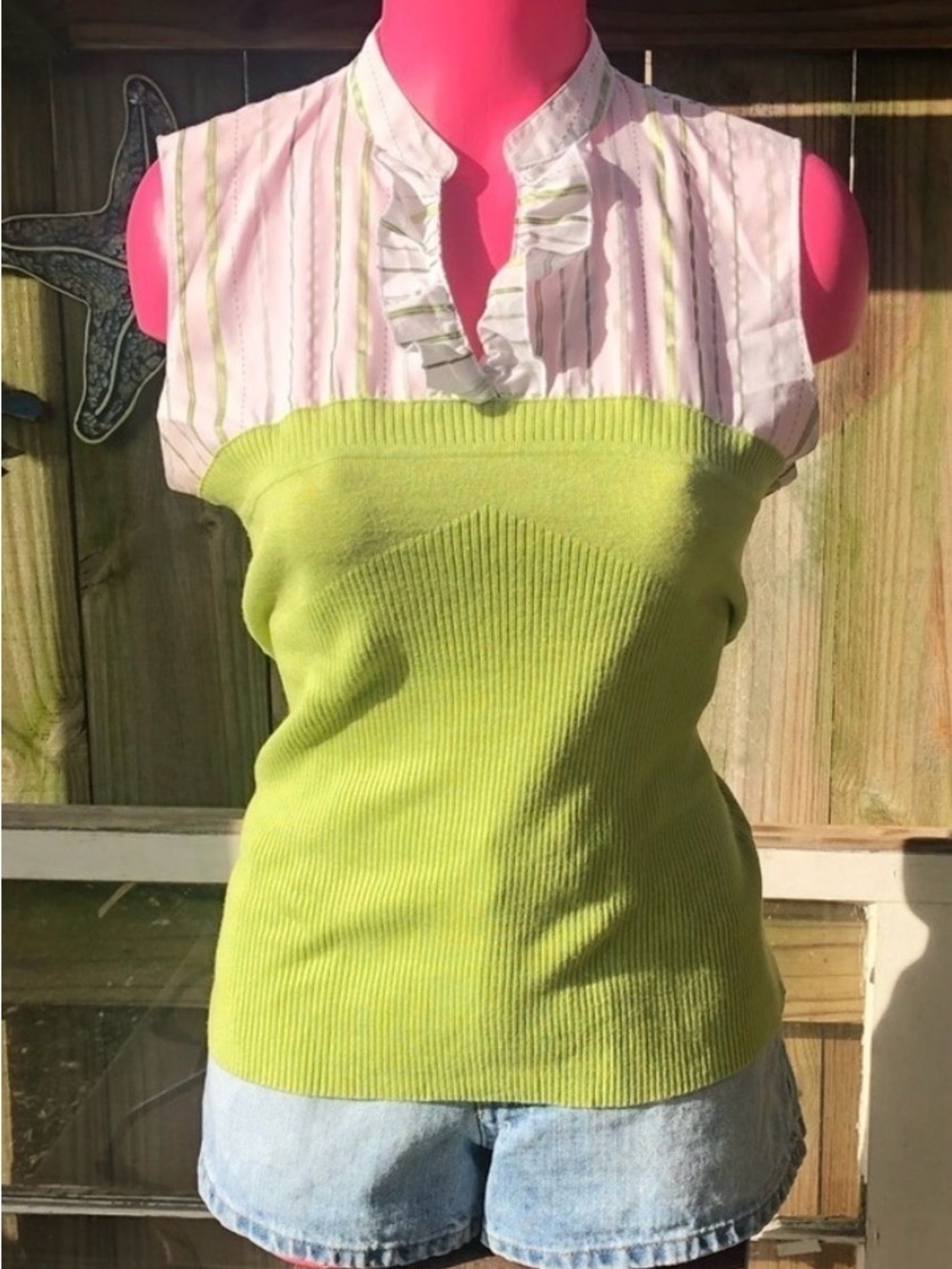 Vintage Como Green Sweater & White V-Neck Sleeveless Blouse Size M